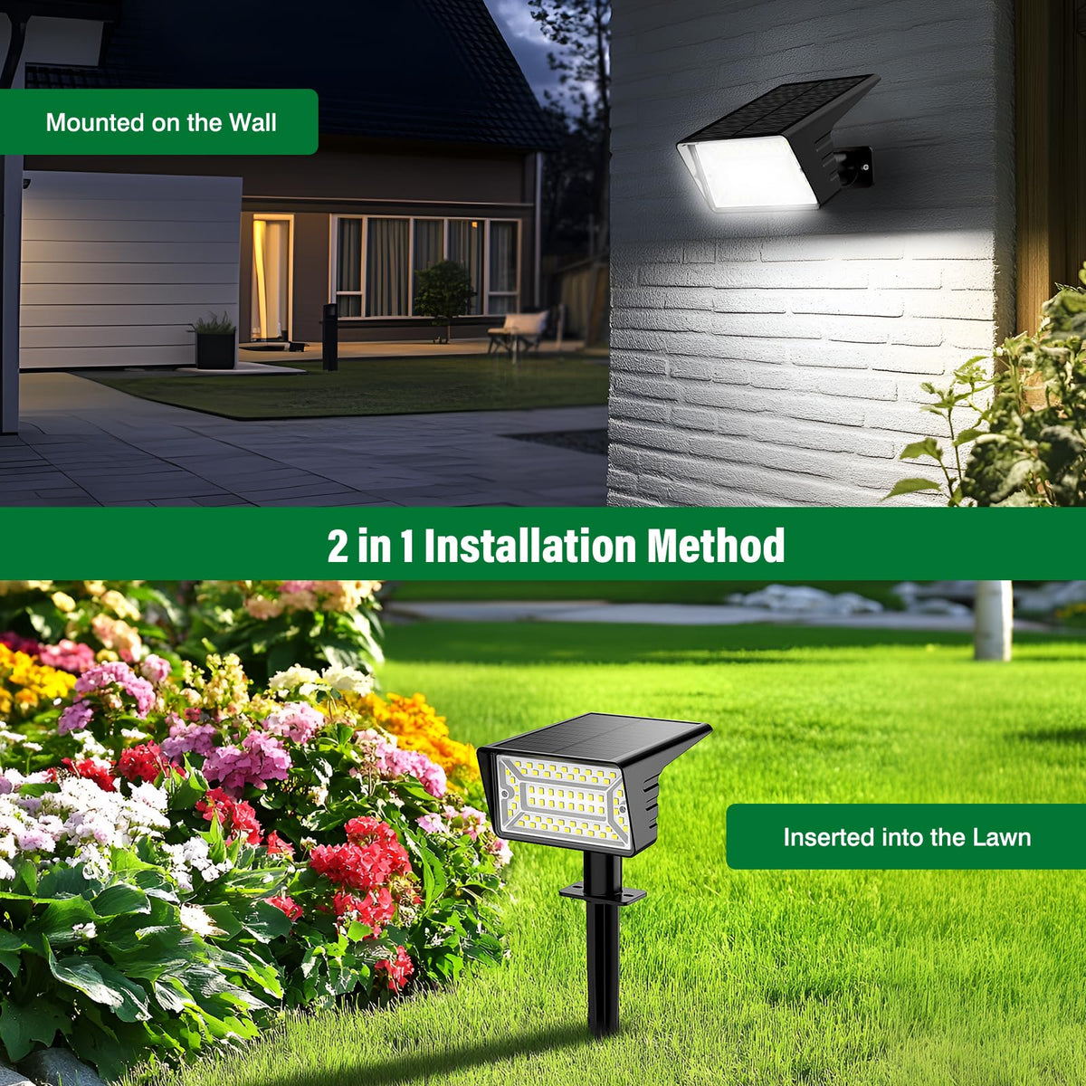 LAMKEEP 2-in-1 design can be staked in ground or mounted on a wall.