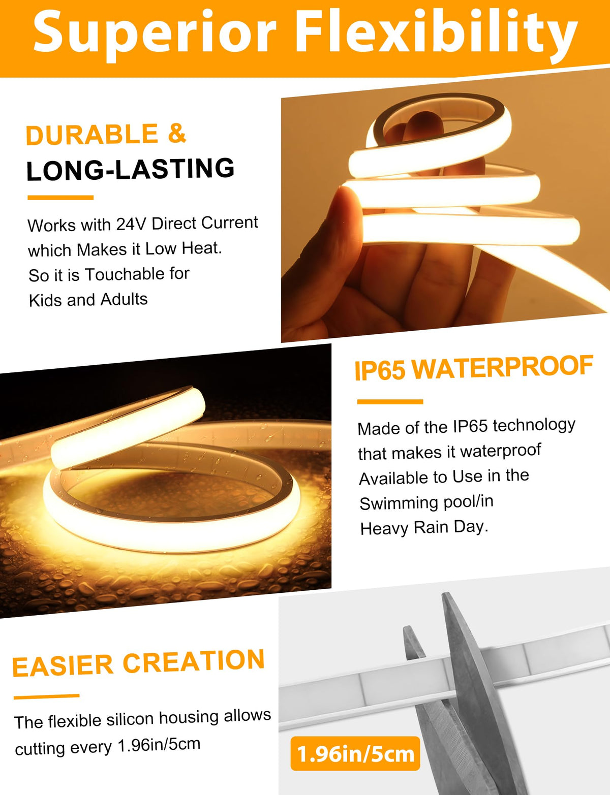 180-degree bendable silicone housing enables flexible layouts