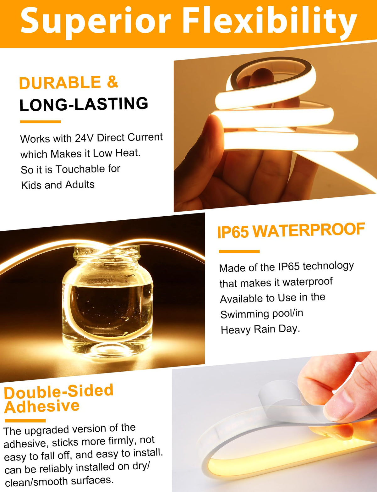 Lamomo COB LED Strip Pro IP65 waterproof design withstands moisture.