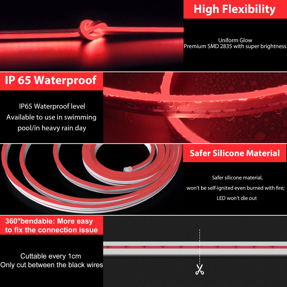 Lamomo neon rope light IP65 red for outdoor or wet area use.