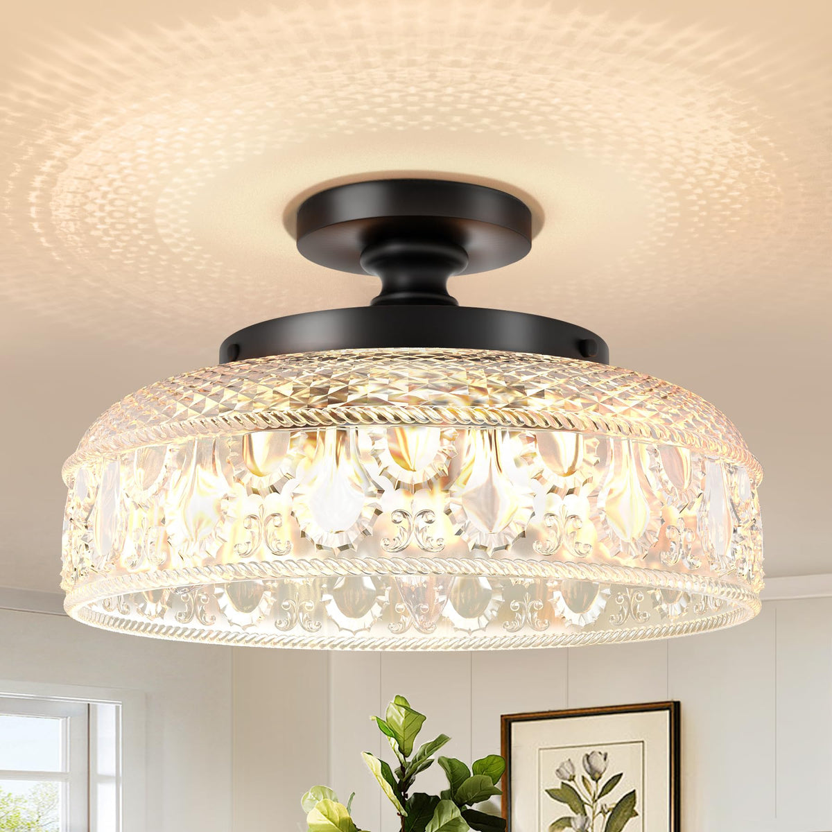 Lamomo 12-inch semi-flush mount fixture in black for hallways