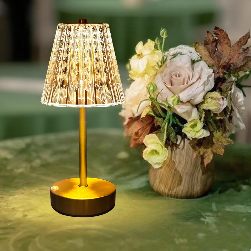 LamparaDecor gold cordless table lamp with crystal base for warm dining ambiance.