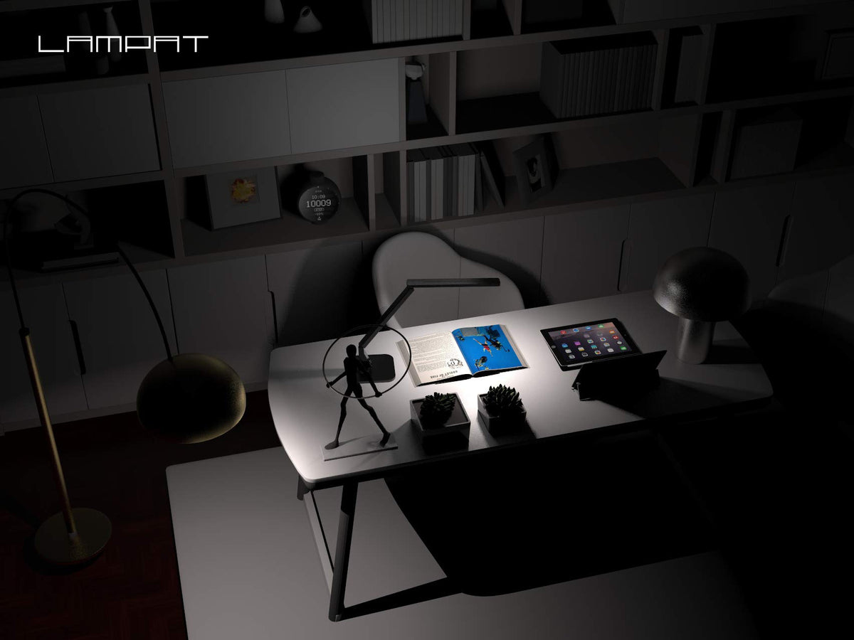 Lampat piano black finish complements modern desks and reduces clutter.