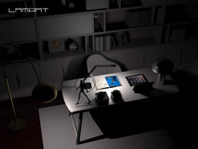 Lampat piano black finish complements modern desks and reduces clutter.