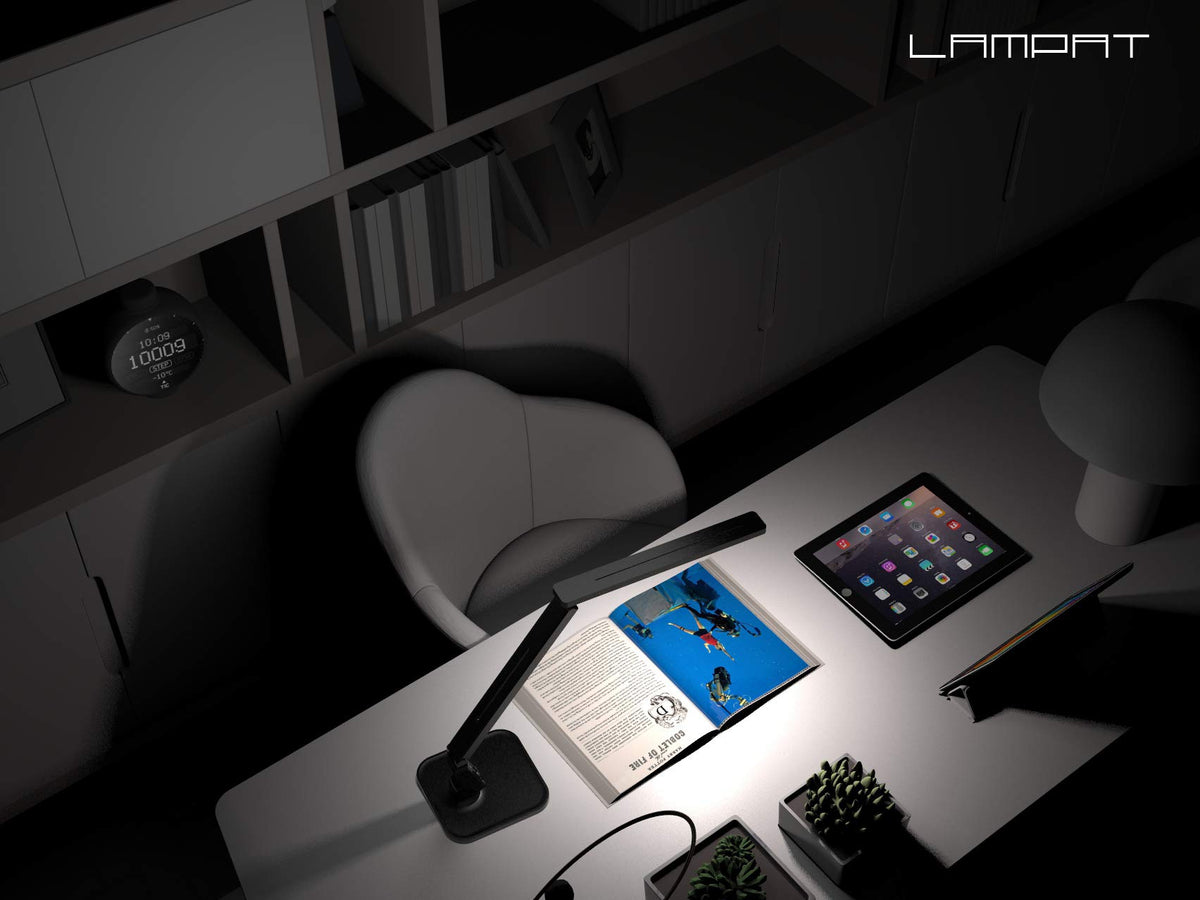 Lampat built-in USB port charges devices right at the desk.