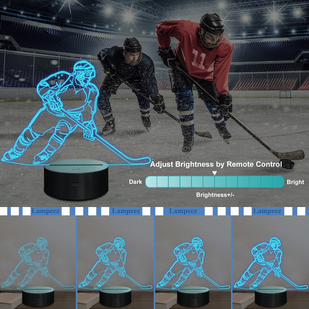 Lampeez Ice Hockey 3D Night Light remote control for easy color and brightness changes
