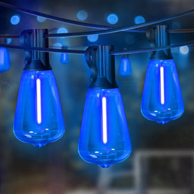 Lamphome blue outdoor string lights illuminate a 26ft patio, creating cozy evening ambiance.