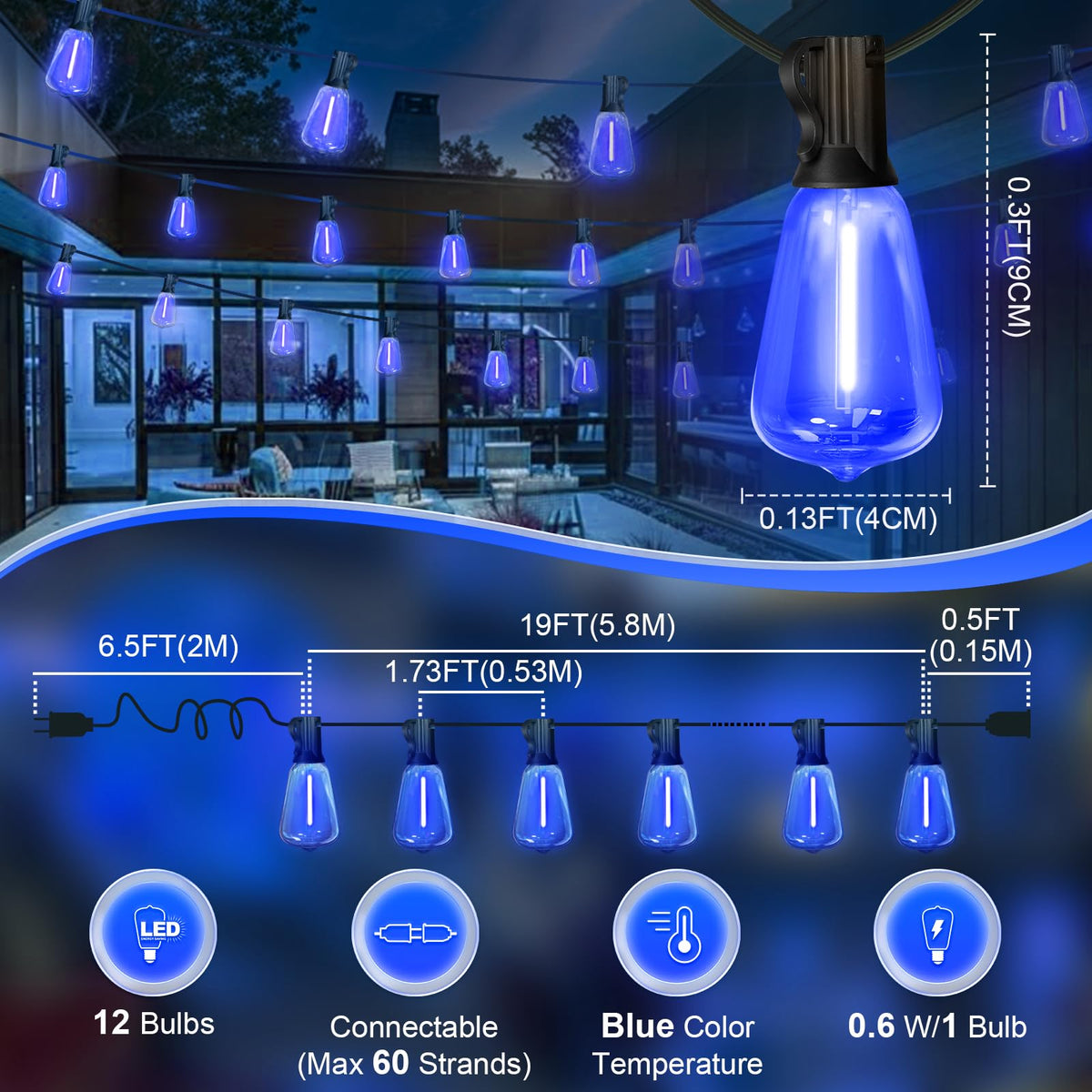 Lamphome blue string lights span a large area, enabling scalable patio illumination.