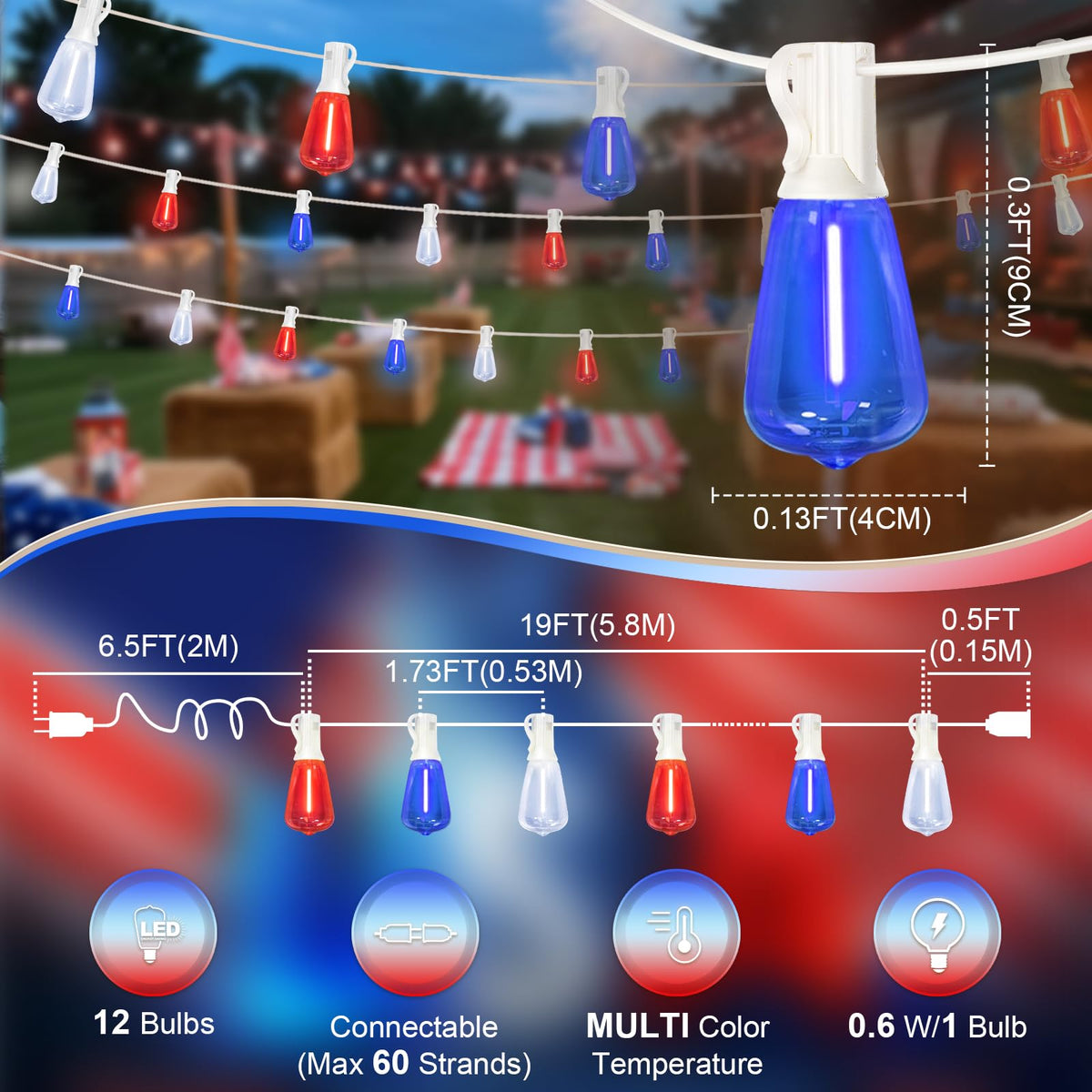 LAMPHOME patriotic LED string lights enhance outdoor gatherings with vivid colors.