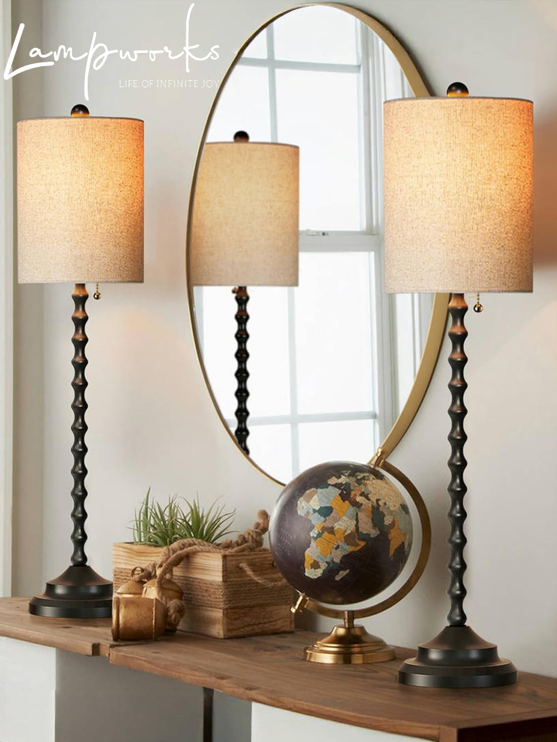 Lampworks textured linen shade softens light for cozy dining ambiance.