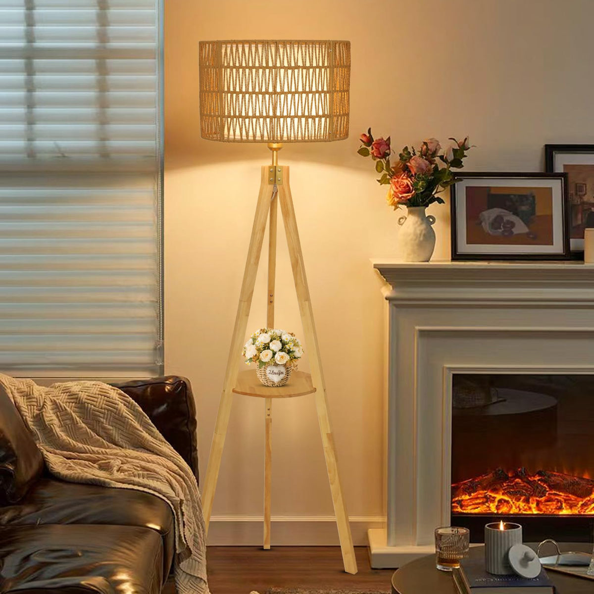 LAMSU boho floor lamp with shelves provides convenient storage and display