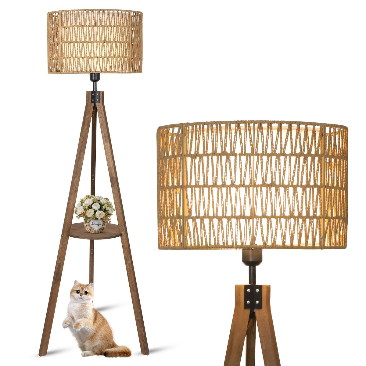 LAMSU boho tripod lamp with rattan shade creates warm ambient lighting for living rooms.
