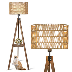 LAMSU boho tripod lamp with rattan shade creates warm ambient lighting for living rooms.
