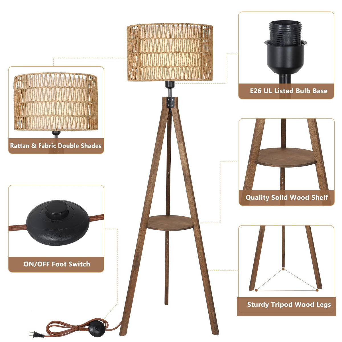 LAMSU floor lamp includes a built-in shelf for magazines or decor.
