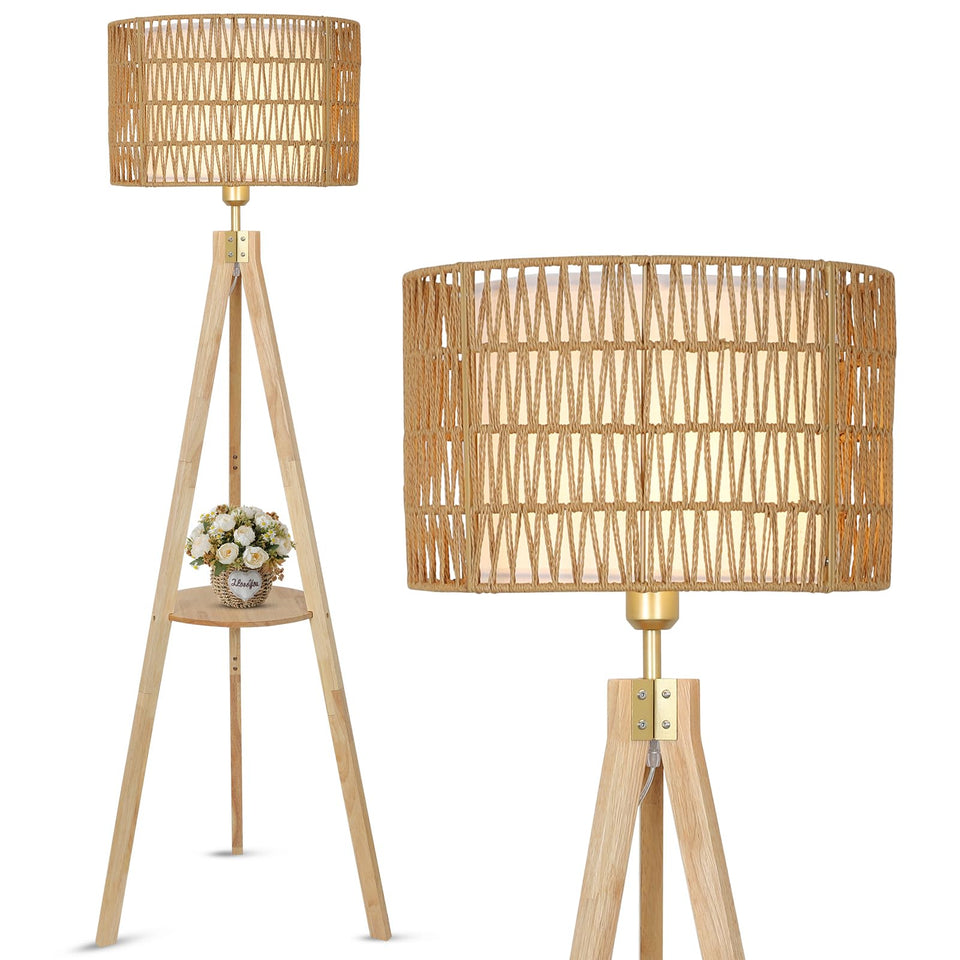 LAMSU oak wood tripod floor lamp with shade creating warm ambient lighting for cozy living rooms