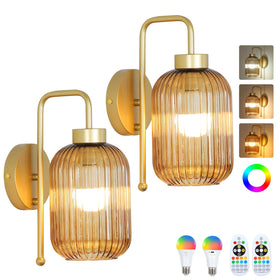 LAMSU Vintage Gold Wall Sconce with amber shade enhances warm, inviting ambiance.