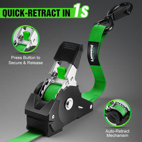 Lamwerol four-pack tie-downs with safety clips secure an ATV to a rack.