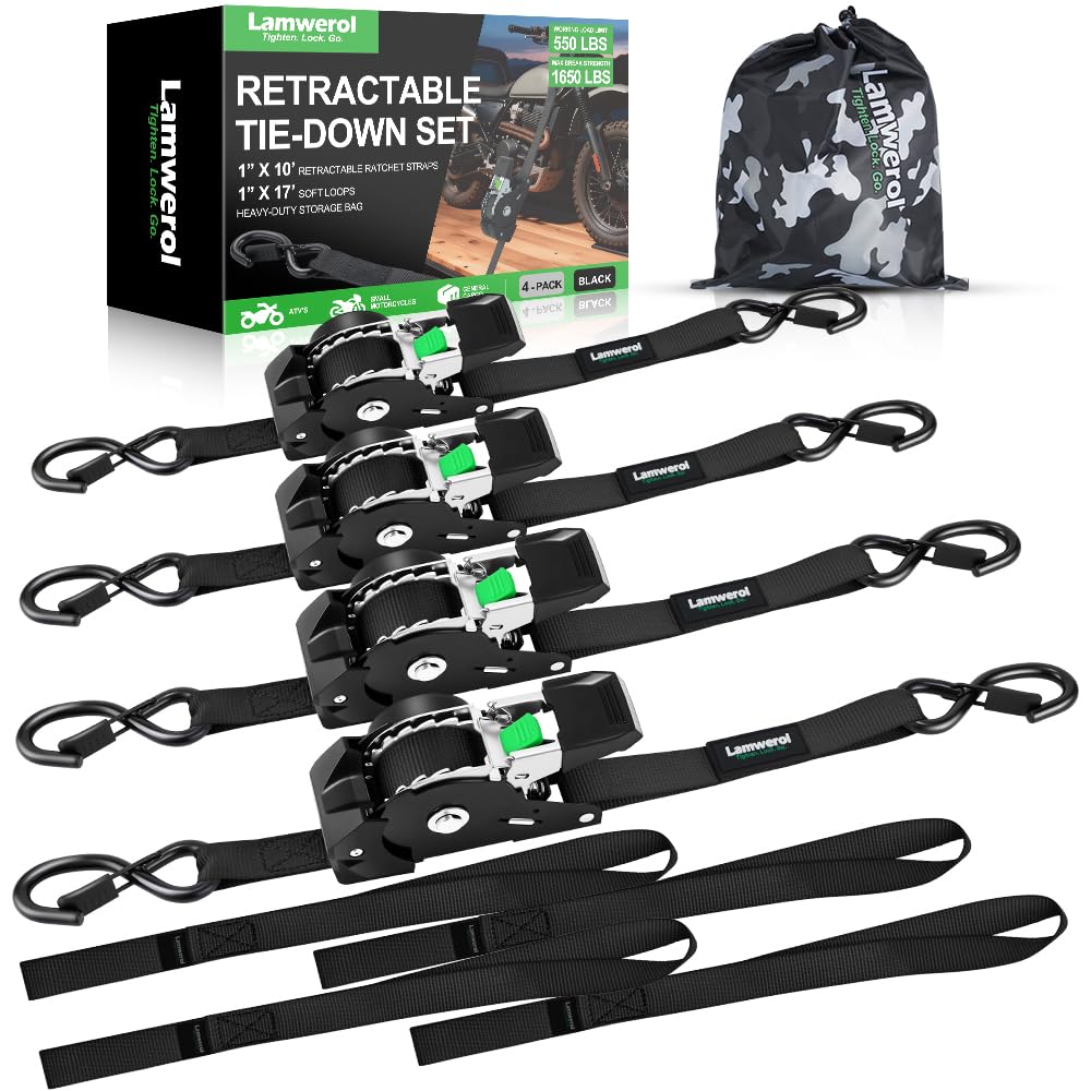Lamwerol retractable ratchet strap 1in-10ft with auto-retract feature.