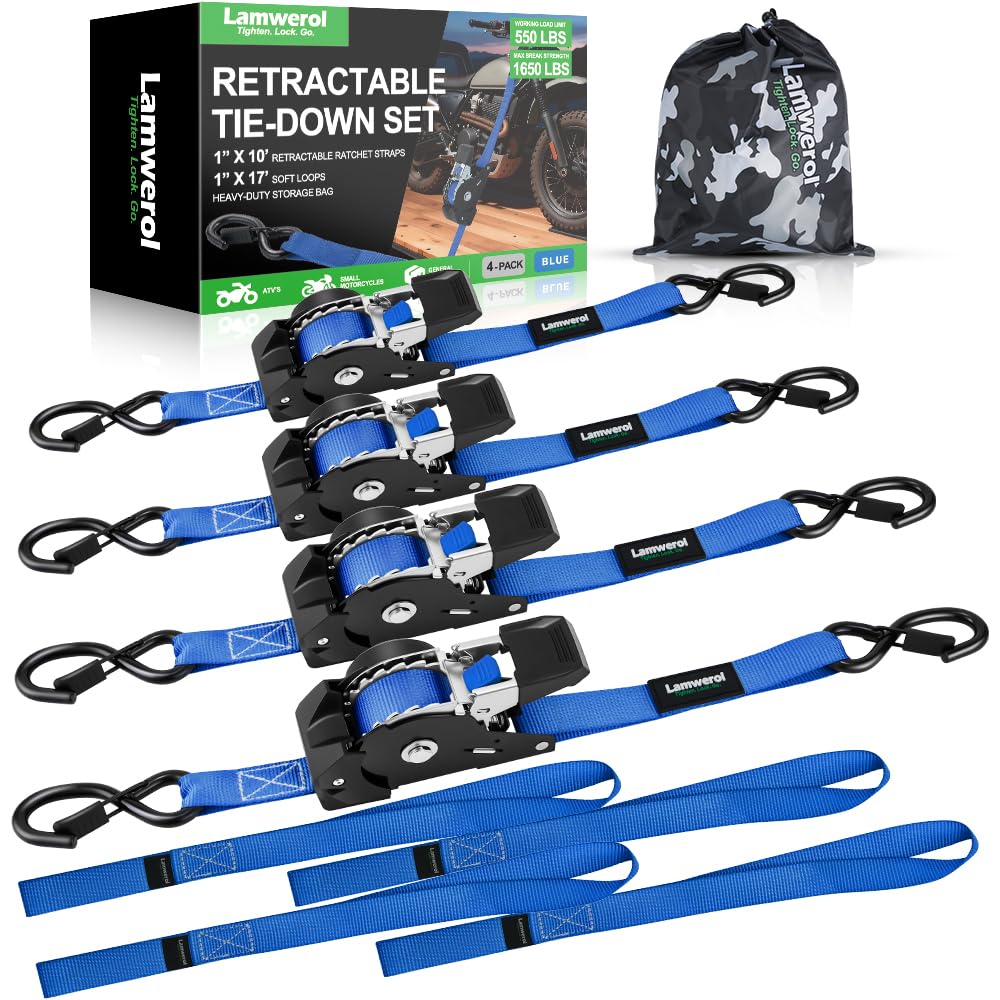 Lamwerol retractable ratchet strap 1inch 10ft blue for fast, secure cargo ties.