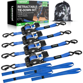 Lamwerol retractable ratchet strap 1inch 10ft blue for fast, secure cargo ties.