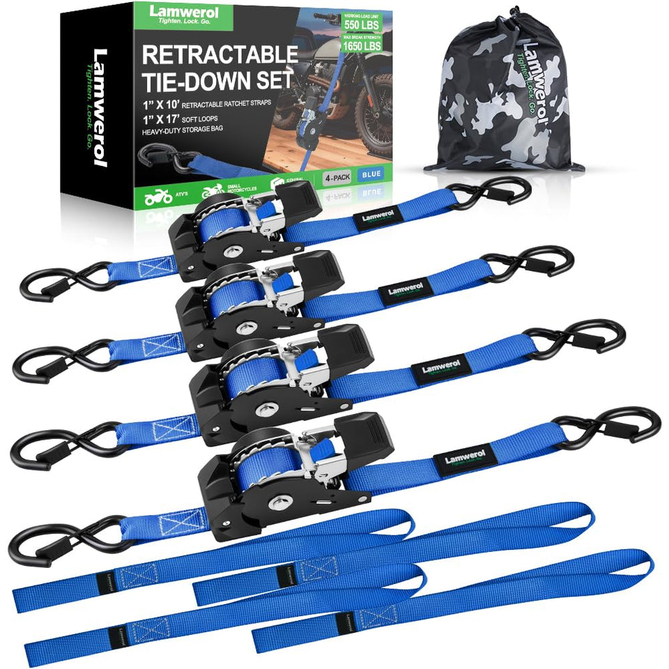 Lamwerol retractable ratchet strap 1inch 10ft blue for fast, secure cargo ties.