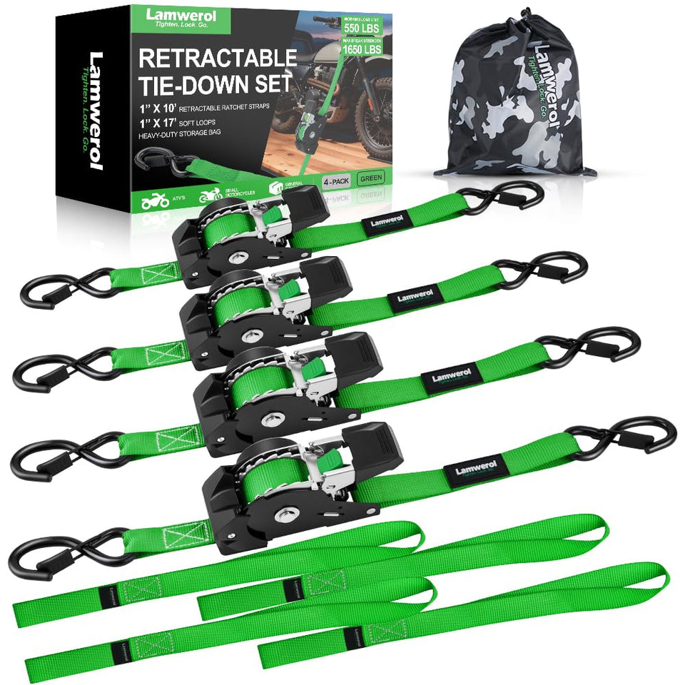 Lamwerol retractable ratchet strap auto-retracts for quick setup on motorcycle.