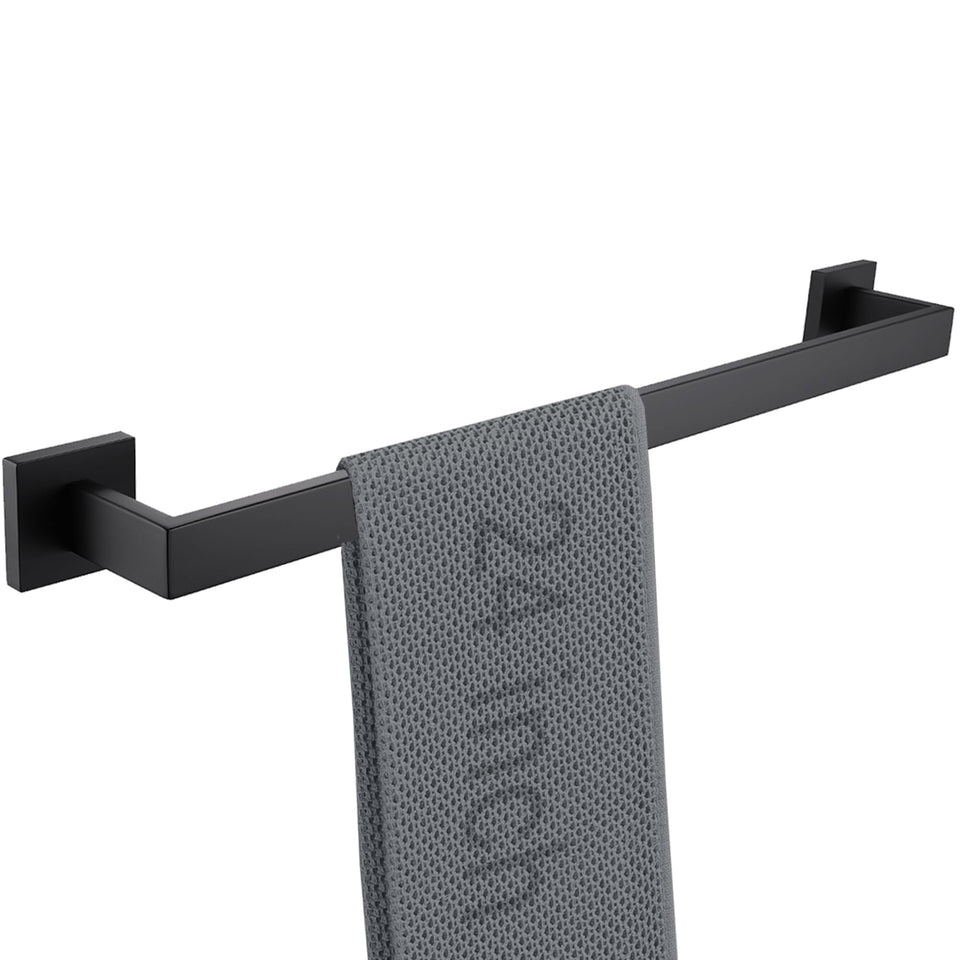 LANC 24-inch matte black towel bar on wall, durable stainless steel for humid bathrooms.