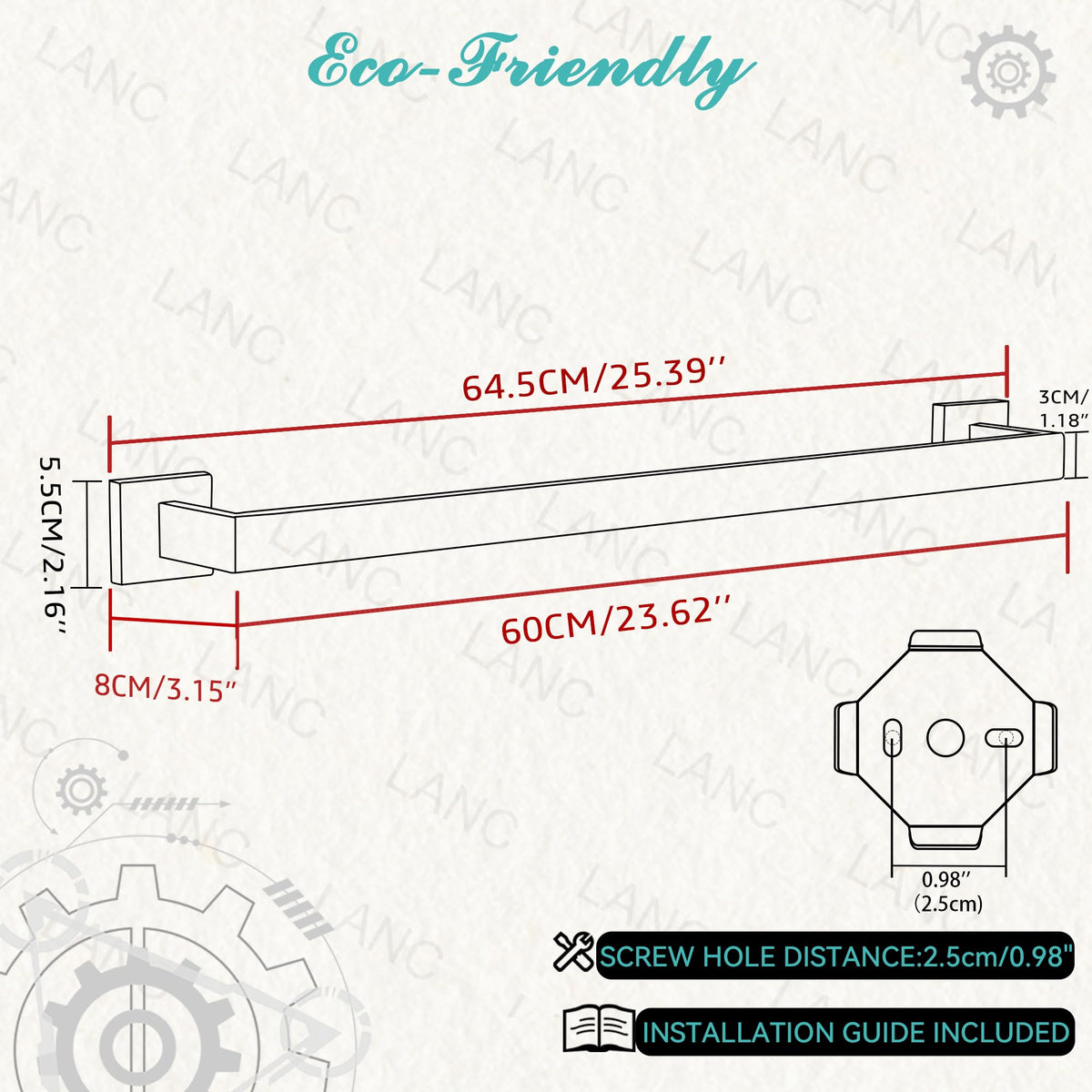 LANC square towel hanger mounted on wall, space-saving for organized bathrooms.
