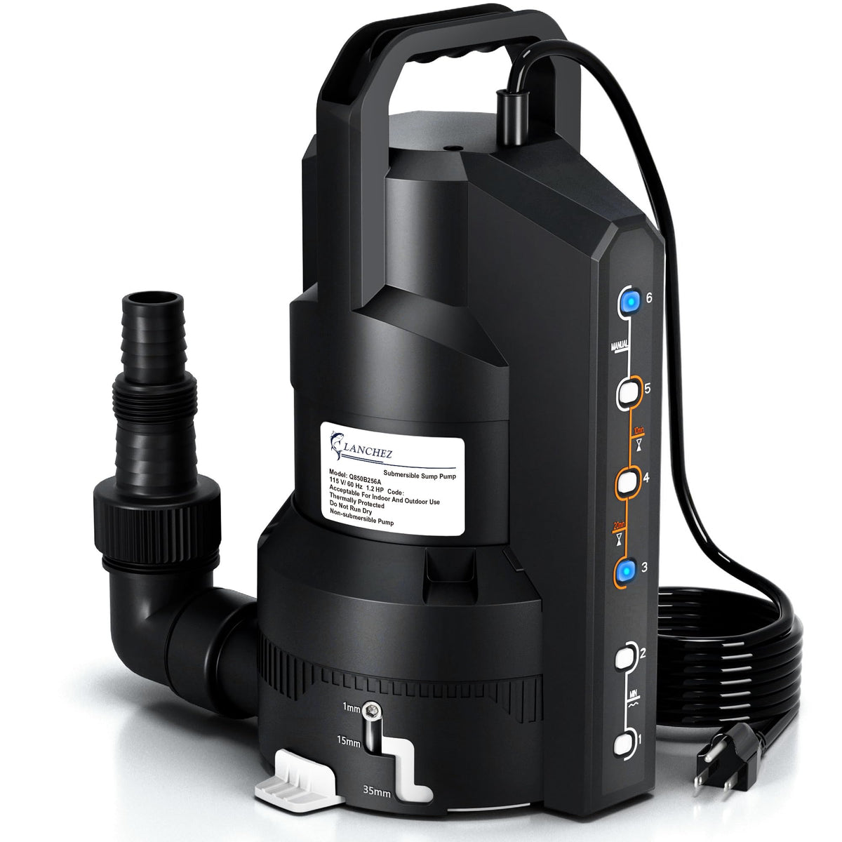 LANCHEZ 1.2HP sump pump front view for quick water removal.
