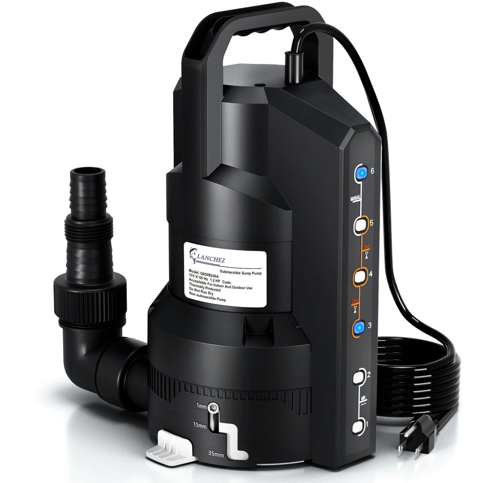 LANCHEZ 1.2HP sump pump front view for quick water removal.
