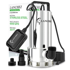 LANCHEZ 1.6HP sump pump front view highlights stainless design and high flow.