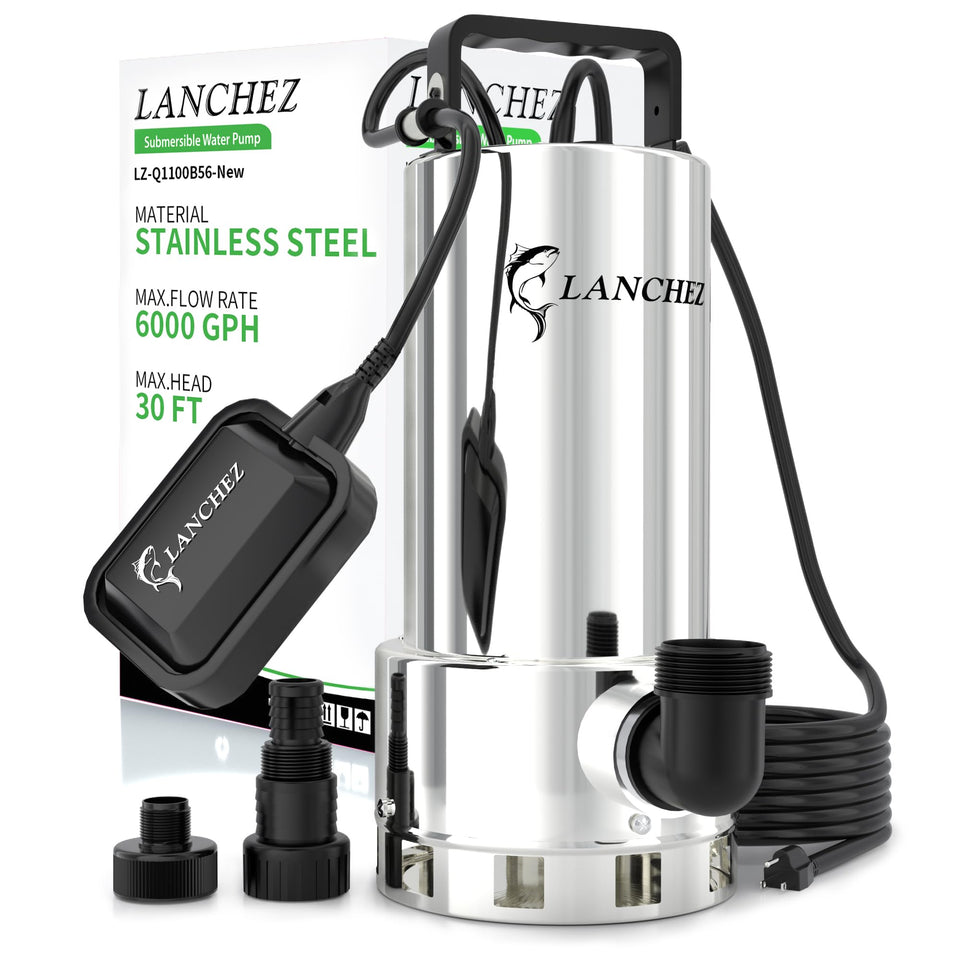 LANCHEZ 1.6HP sump pump front view highlights stainless design and high flow.