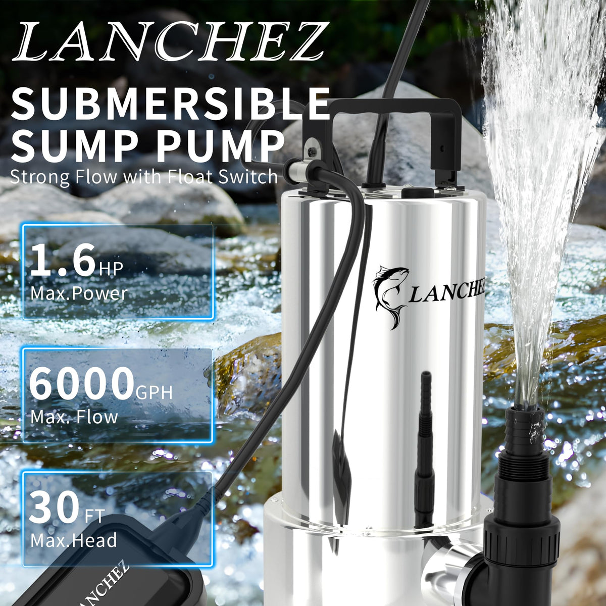 LANCHEZ sump pump side view emphasizes compact profile and durable construction.