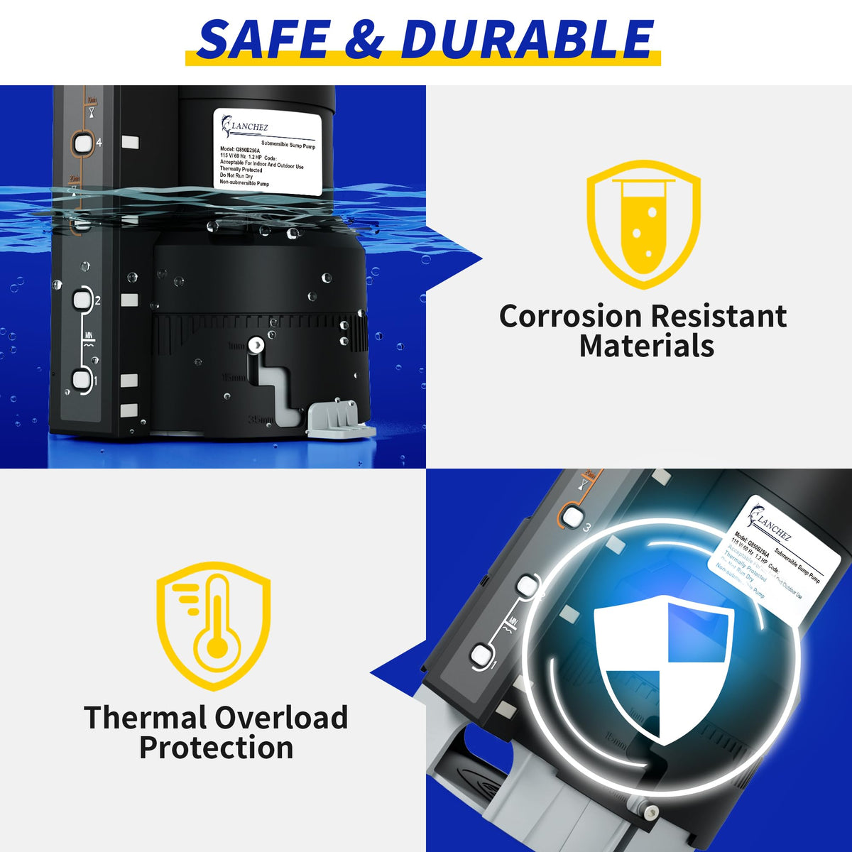 LANCHEZ 16 ft cord and IPX8 waterproof design for safe operation.