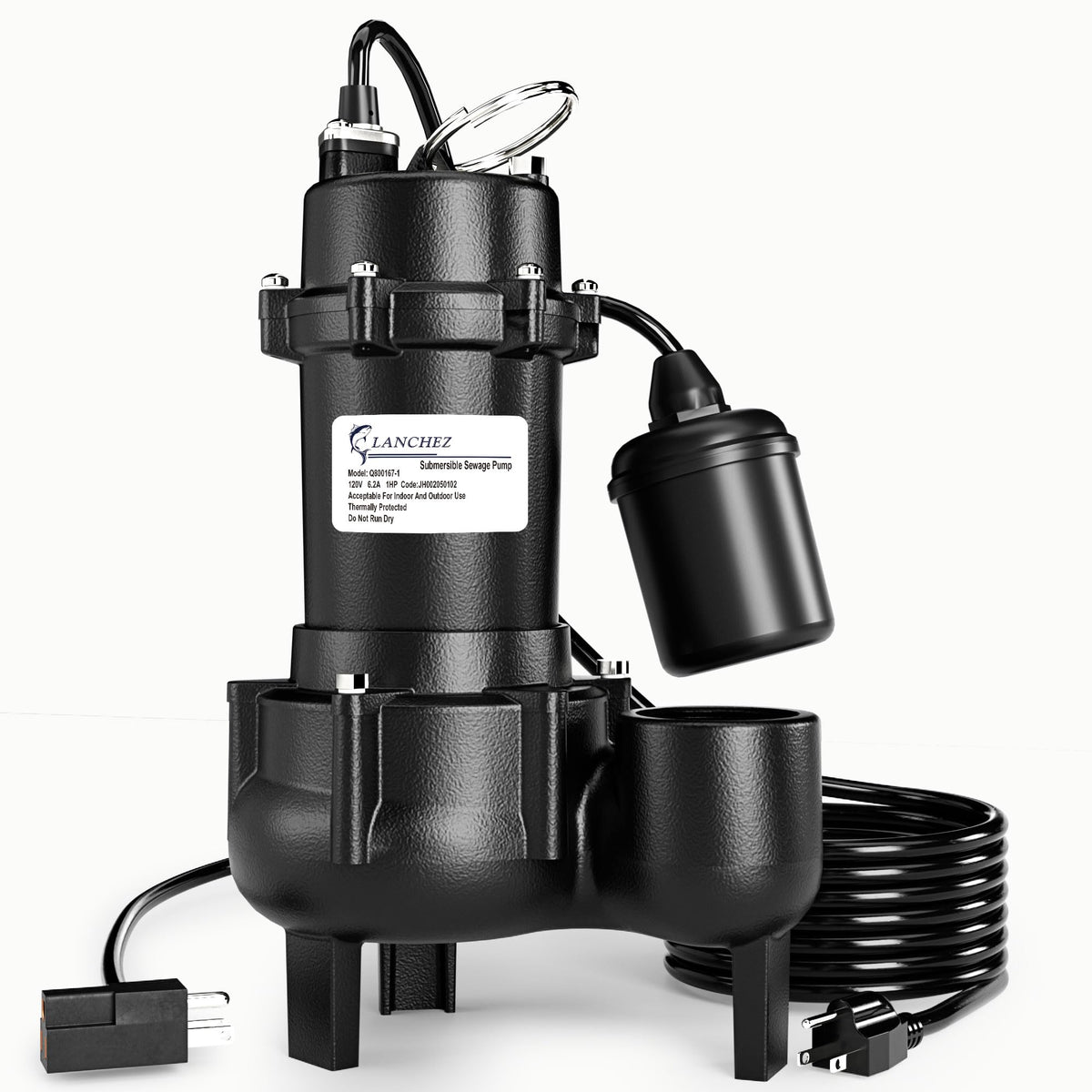 Lanchez 1HP sewage pump exterior view highlights rugged housing for basement dewatering.