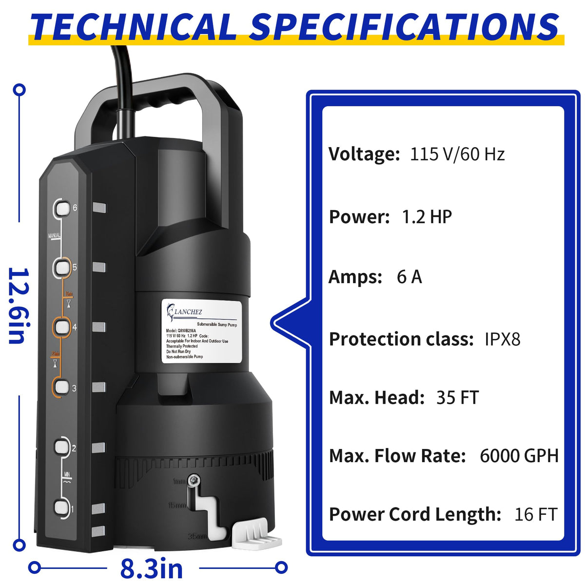 LANCHEZ 6000GPH sump pump six-mode control panel in action.