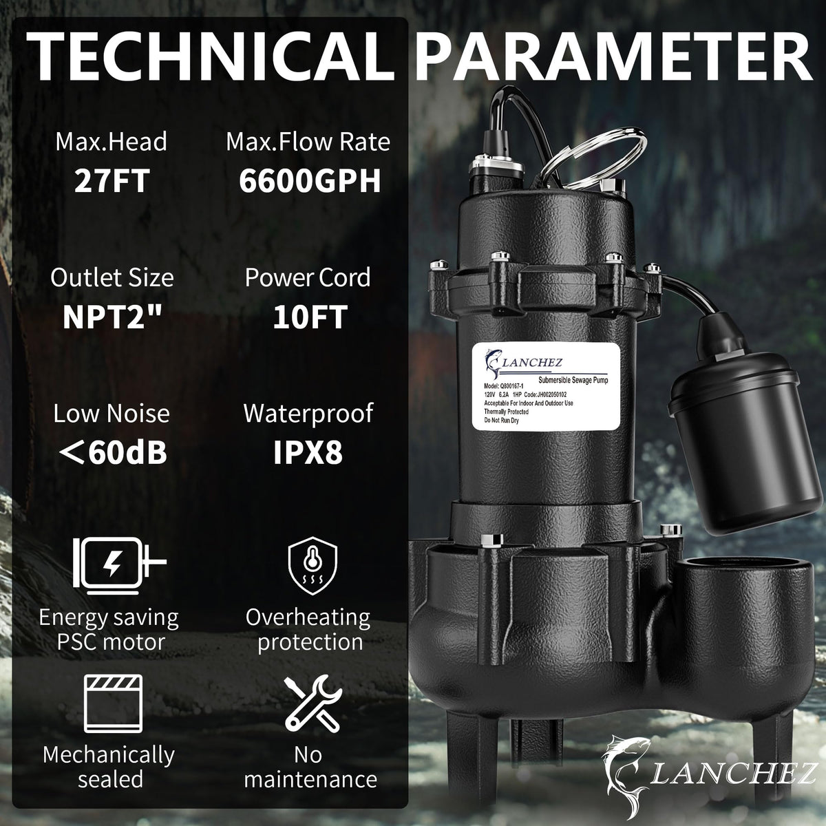 Lanchez 1HP motor label highlights efficiency and quiet operation.