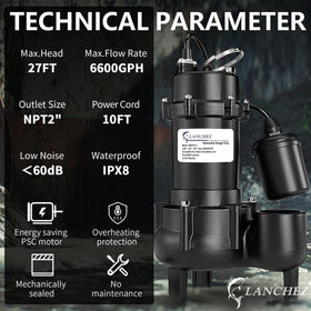 Lanchez 1HP motor label highlights efficiency and quiet operation.