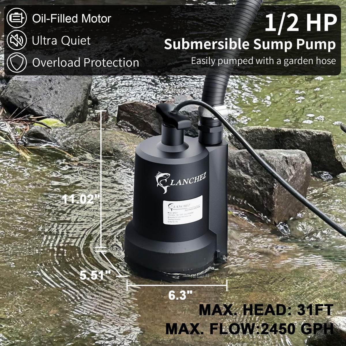 LANCHEZ sump pump with thermoplastic body resists wear