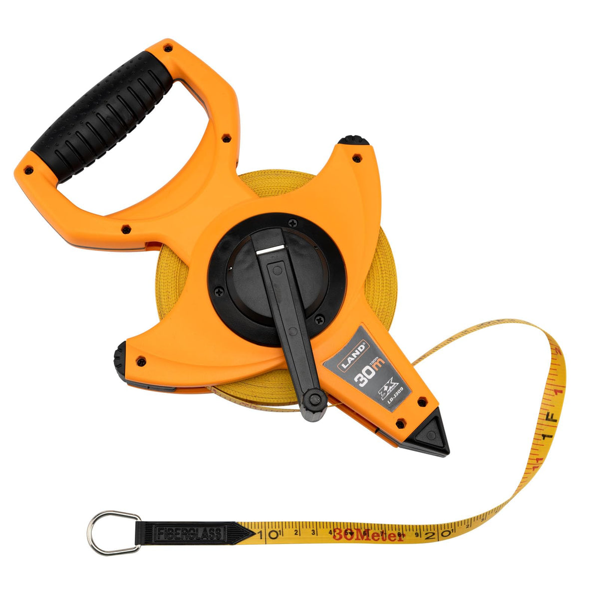 LAND 100ft fiberglass tape open reel for long measurements and durability.