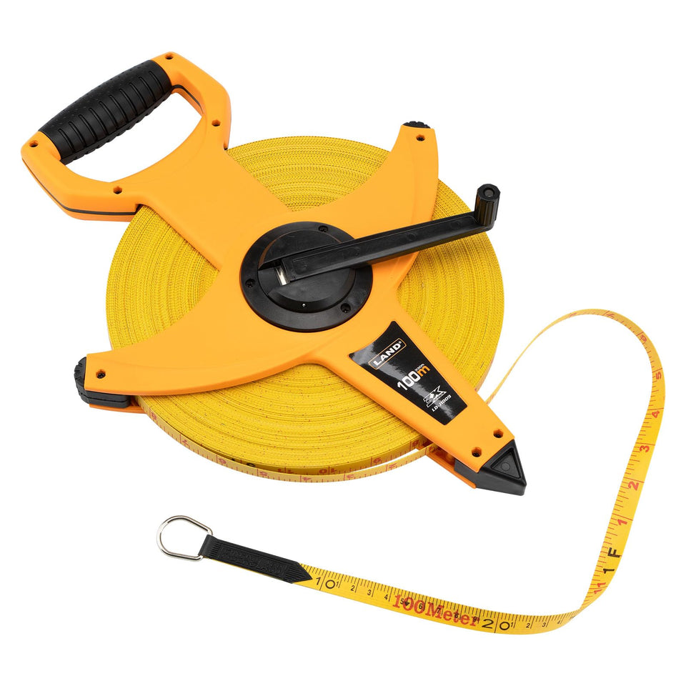 LAND 330ft fiberglass tape blade highlighting strength and flexibility for rugged measurements.