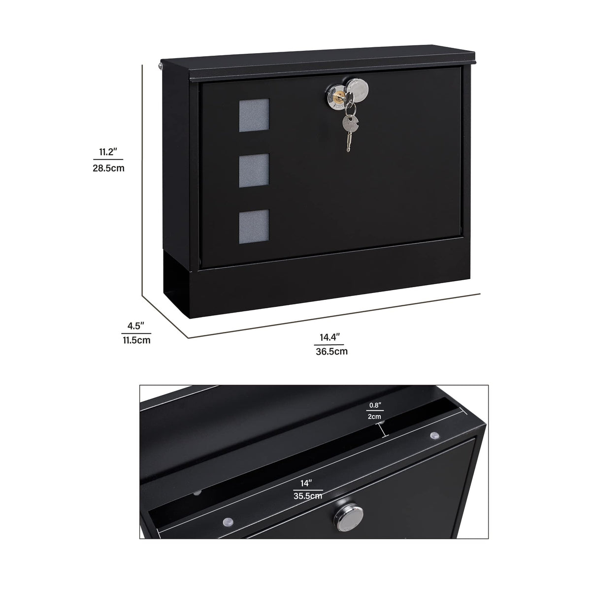 LAND·VOI mailbox doors-open view with three viewing windows for status.