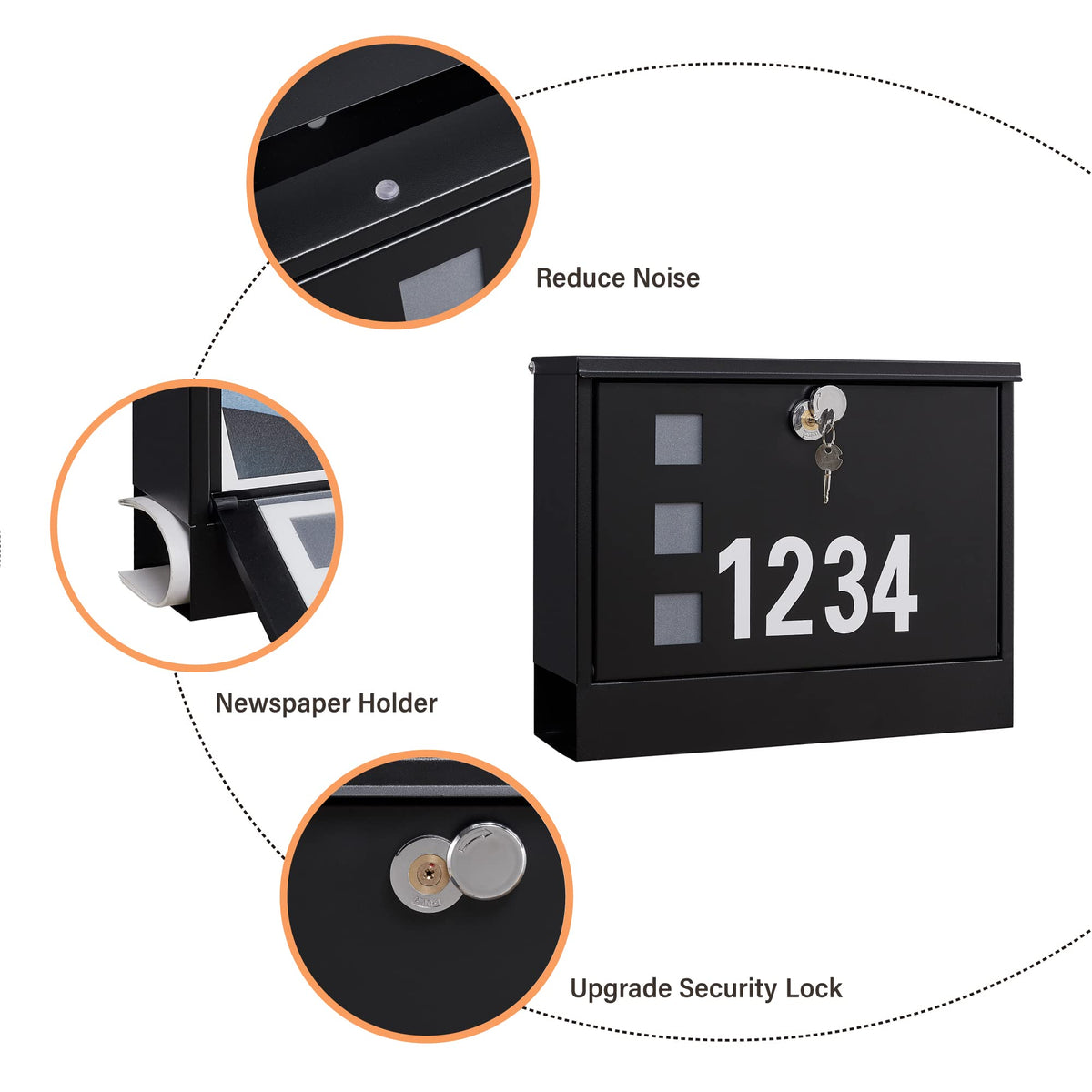 LAND·VOI locking mailbox close-up of rotatable lock for security.