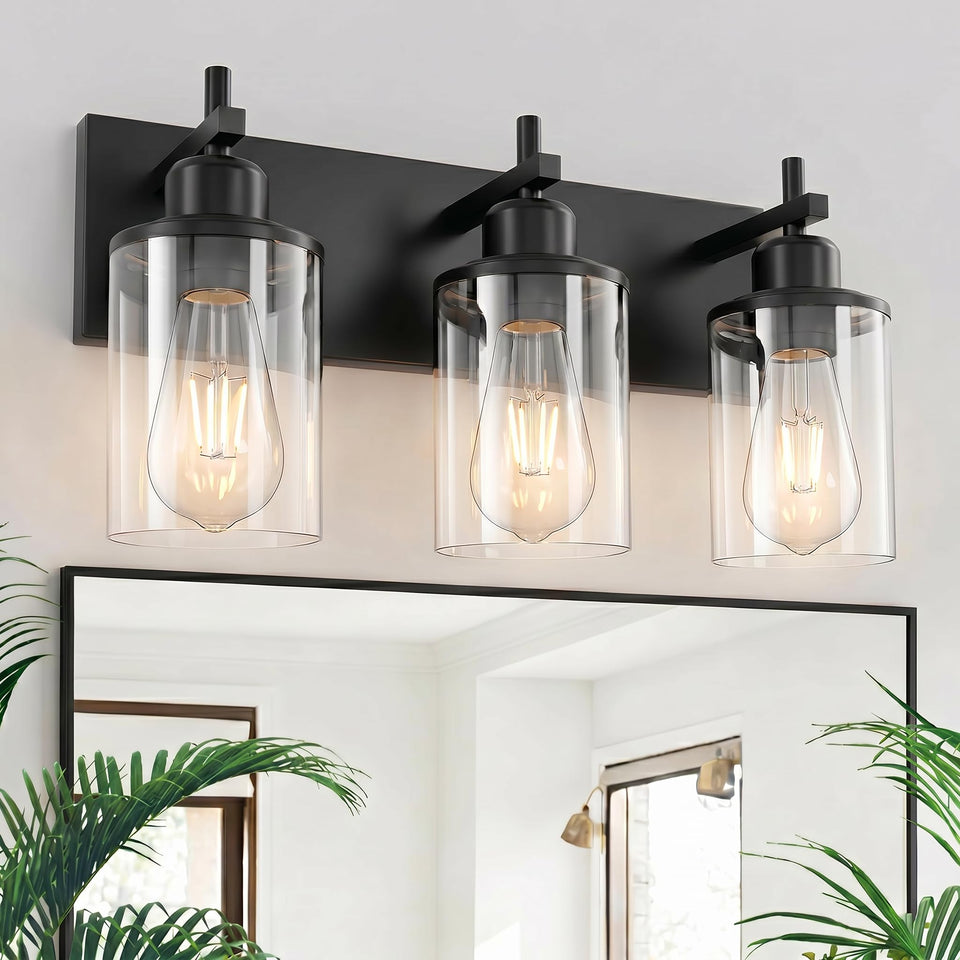 Lanhall 3-light black vanity light above mirror with farmhouse charm for bathrooms.