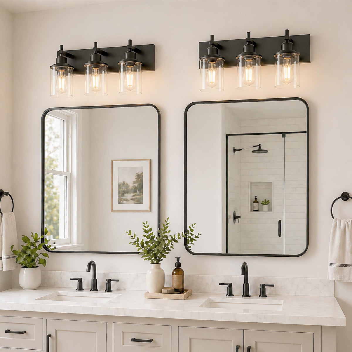 Lanhall matte black wall light over mirror enhances bathroom ambiance.