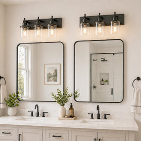 Lanhall matte black wall light over mirror enhances bathroom ambiance.