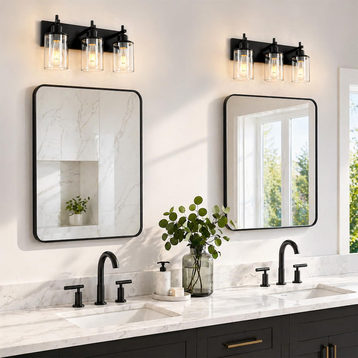 Lanhall black vanity light adds vintage charm and practicality.