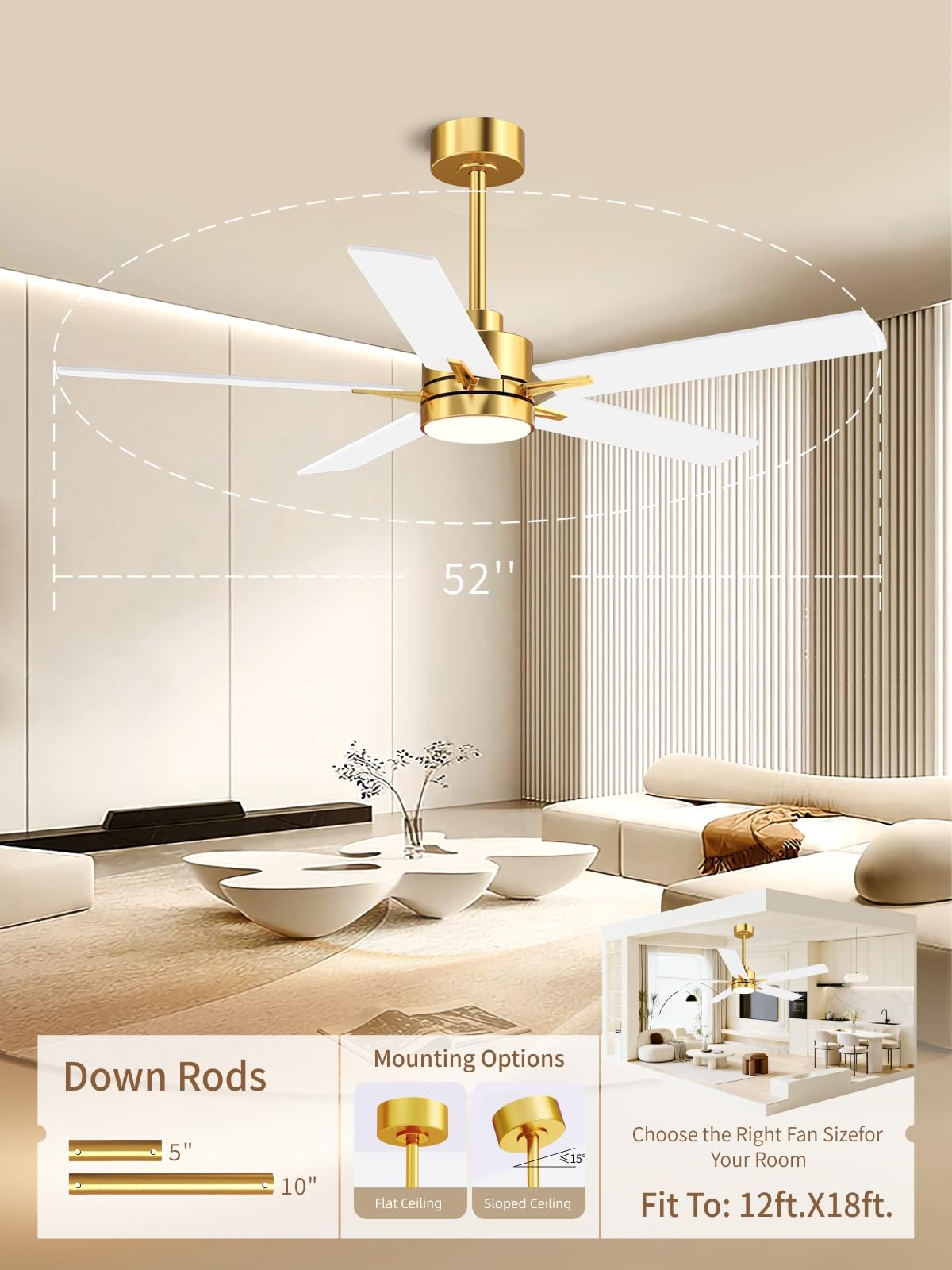 LANMEL bedroom and living room gold ceiling fan accent