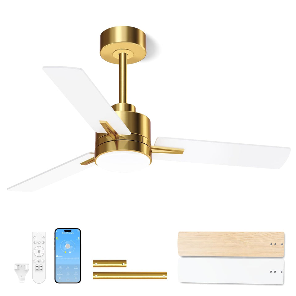 LANMEL gold ceiling fan with light and remote enhances decor and provides adjustable lighting.