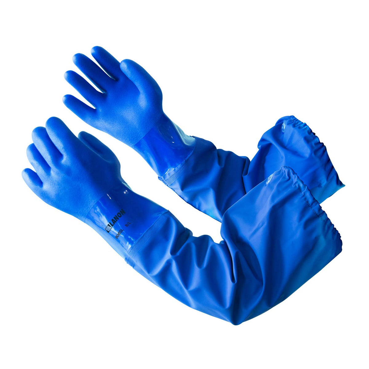 LANON 26-inch elbow-length PVC gloves provide full-arm protection for splashes.